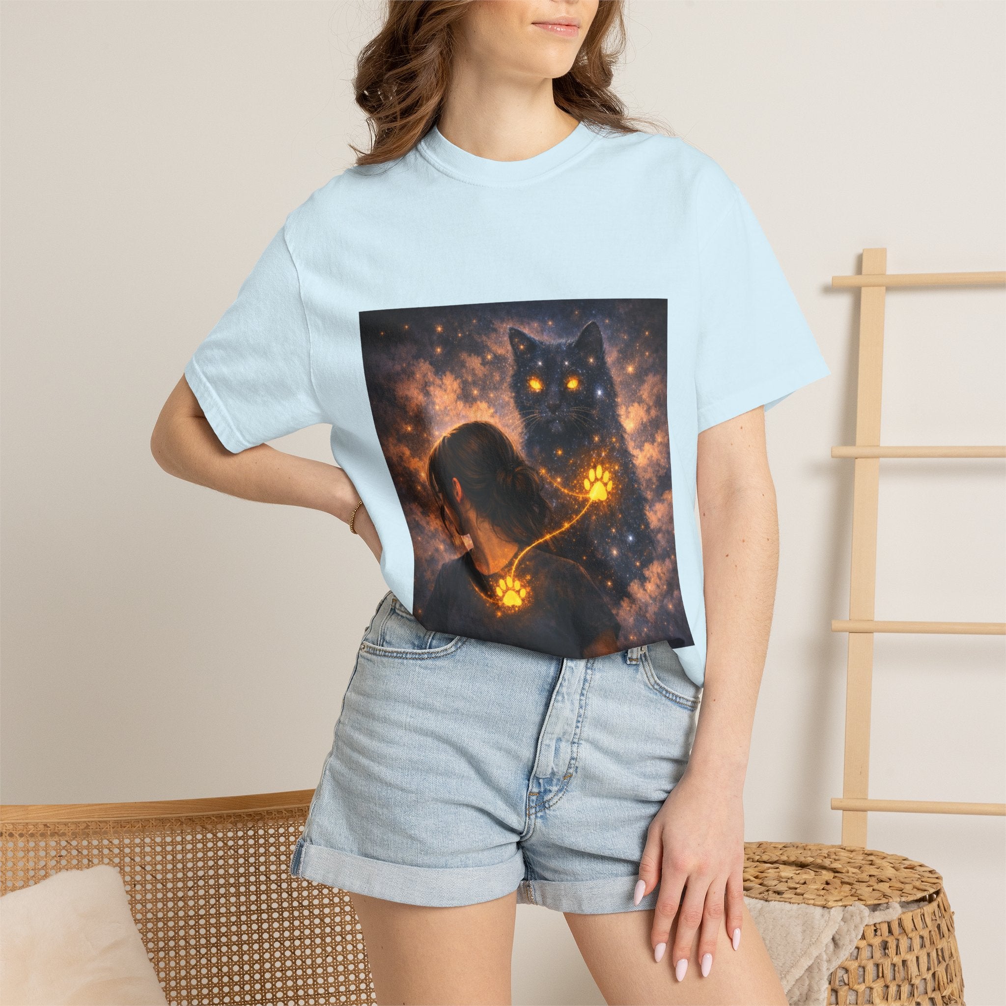Mystic Cat Guardian T-Shirt — Glowing Heart & Starry Night Graphic Tee