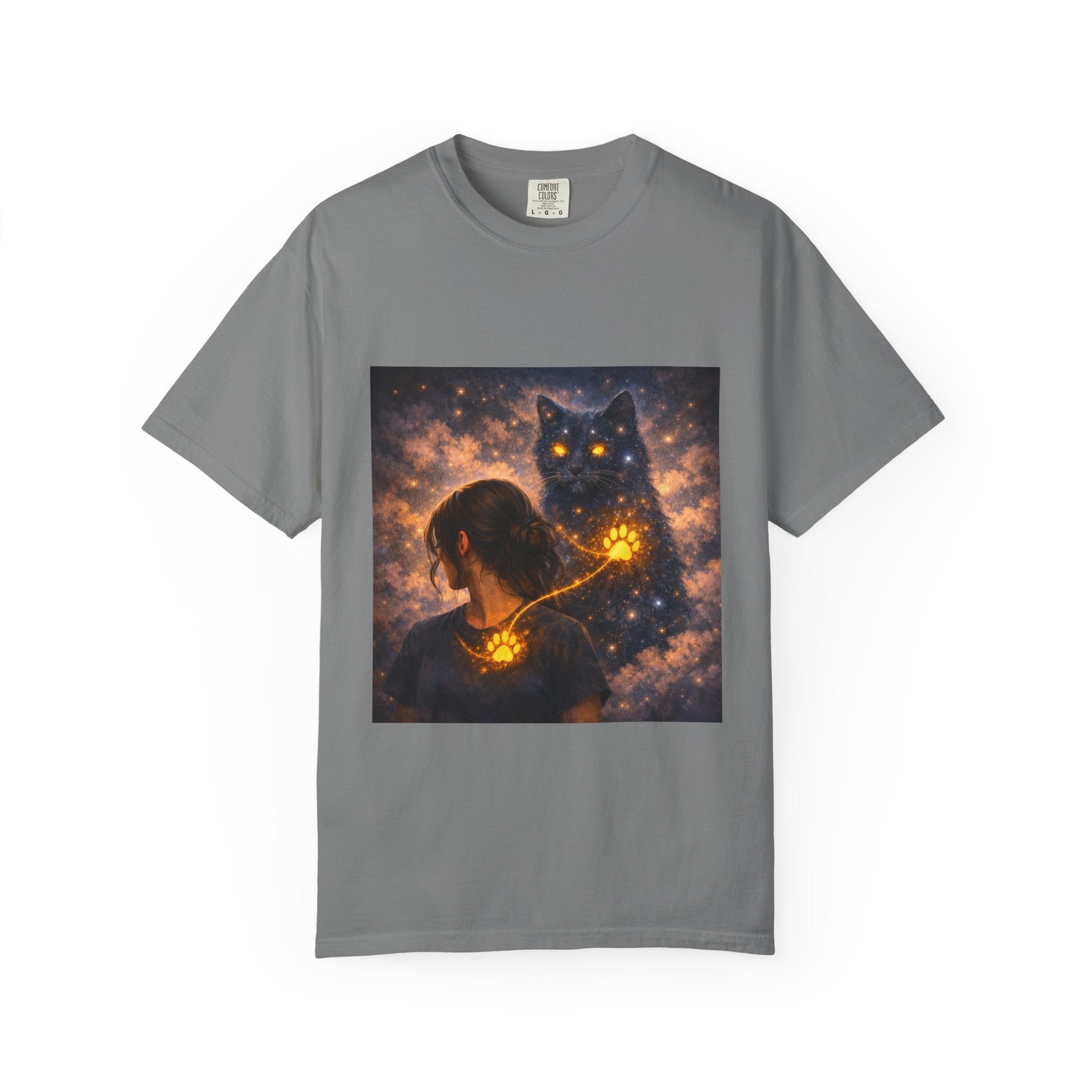 Mystic Cat Guardian T-Shirt — Glowing Heart & Starry Night Graphic Tee
