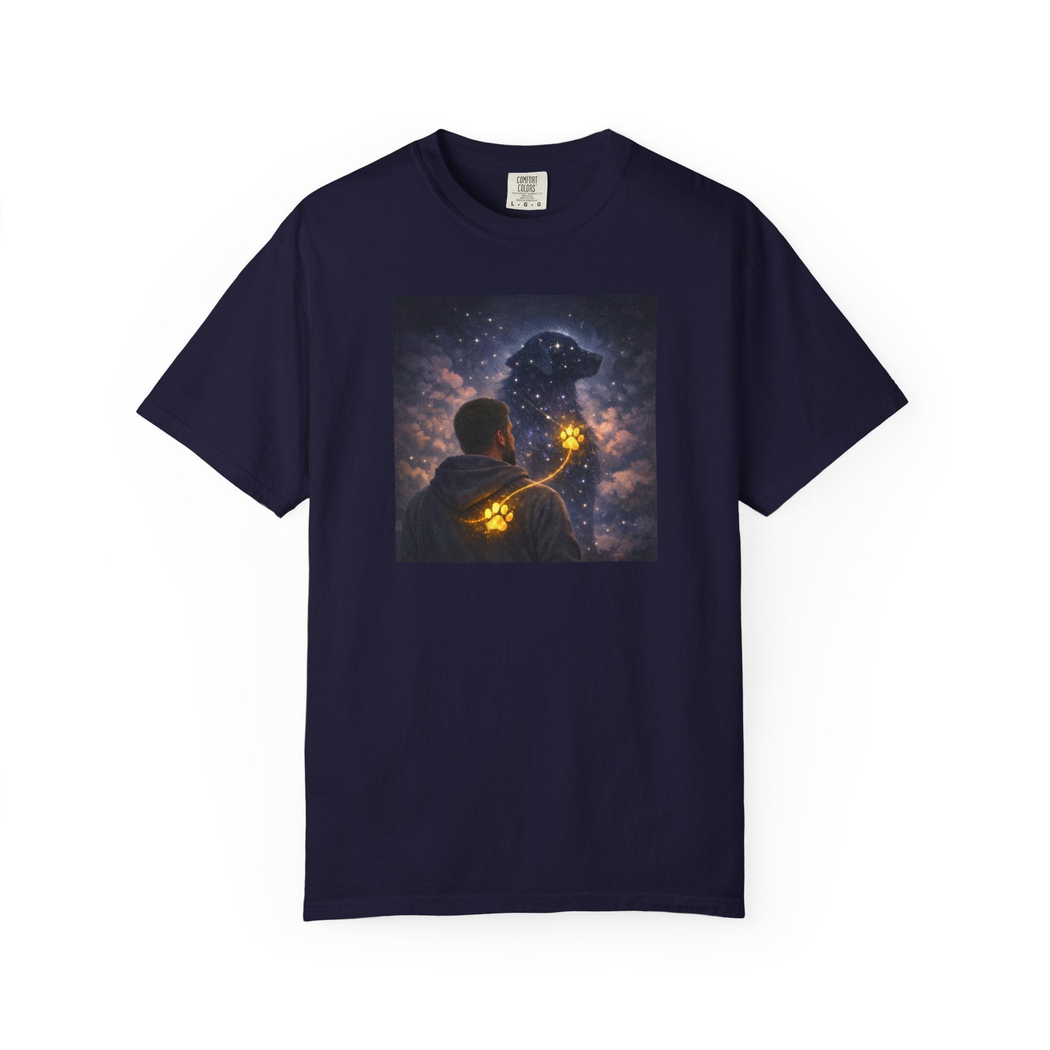 Stargazer Dog T‑Shirt — Cosmic Silhouette with Glowing Pawprint