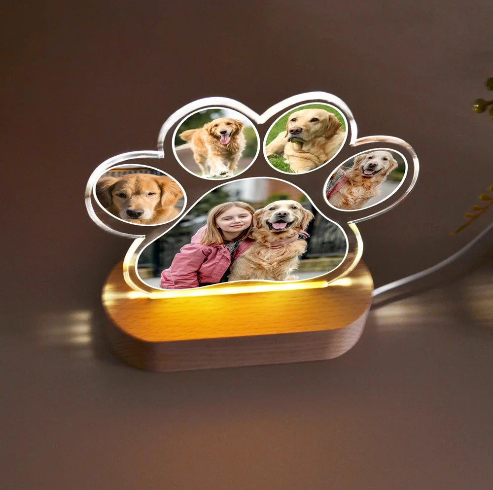 Custom Dog Paw LED Photo Frame | Personalized Multi-Photo Pet Memorial Gift