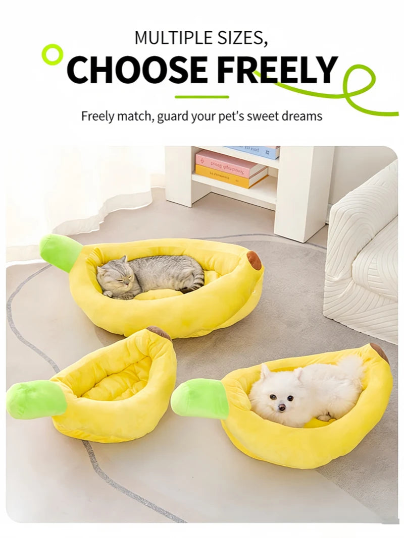 Banana Shaped Plush Pet Bed | All-Season Soft Warm Nest for Cats & Dogs