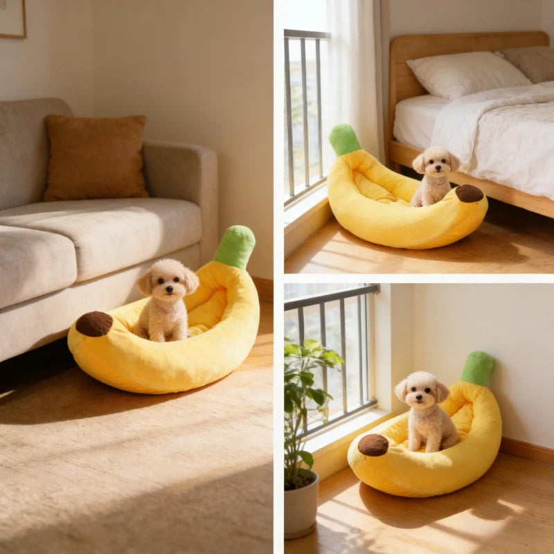 Banana Shaped Plush Pet Bed | All-Season Soft Warm Nest for Cats & Dogs