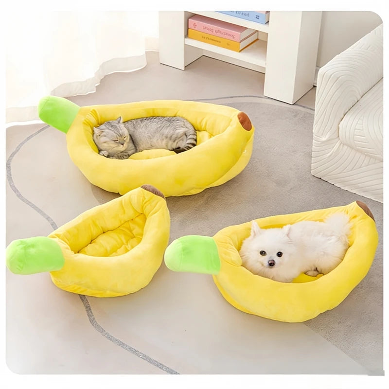 Banana Shaped Plush Pet Bed | All-Season Soft Warm Nest for Cats & Dogs