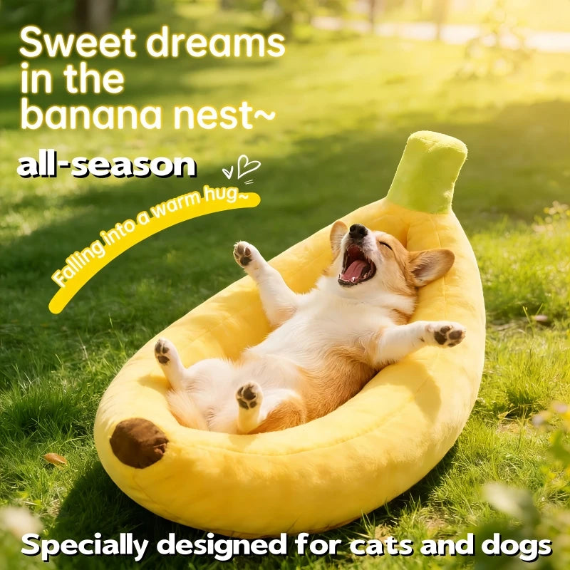 Banana Shaped Plush Pet Bed | All-Season Soft Warm Nest for Cats & Dogs