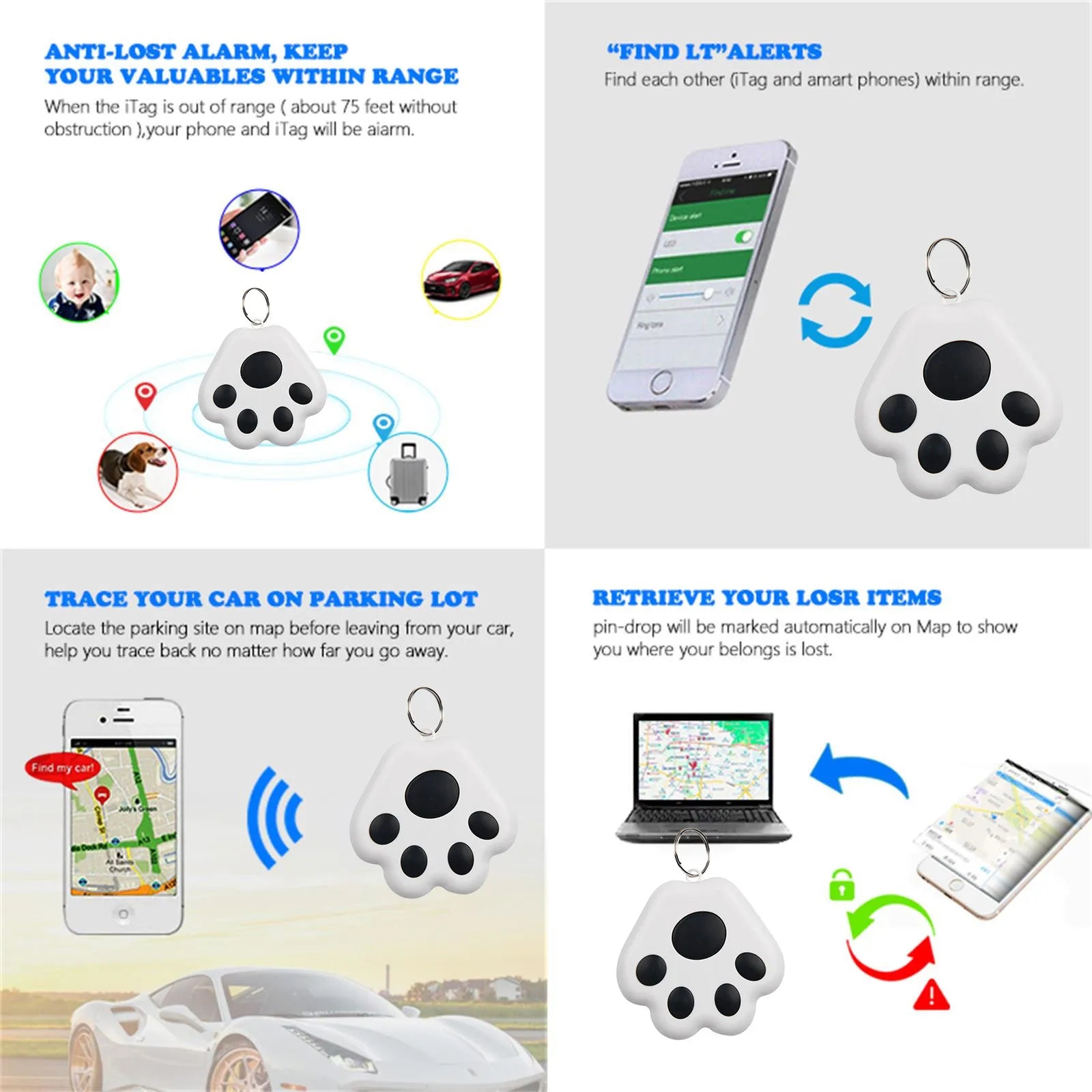 Dog Paw GPS Tracker | Bluetooth Anti-Lost Locator for Pets, Cats & Dogs